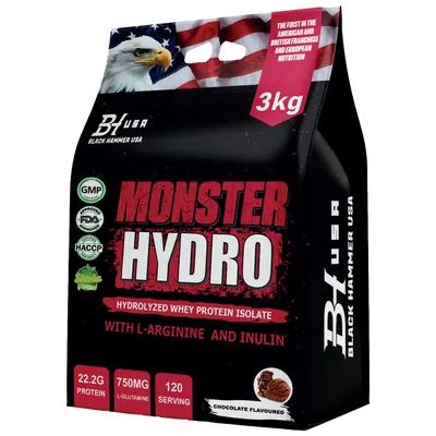 Produktbild von MONSTER Hydro Whey 3kg Schokolade – High Protein Isolat Pulver für Muskelaufbau & Kraft | Black Hammer USA