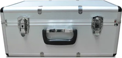 A silver transport case with a black handle and metal latches.