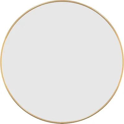 A circular mirror with a gold frame against a white background.