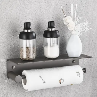 Image de Porte-rouleau de papier essuie-tout mural, porte-rouleau sans perçage, porte-rouleau en aluminium avec compartiment de rangement spacieux, porte-rouleau gris