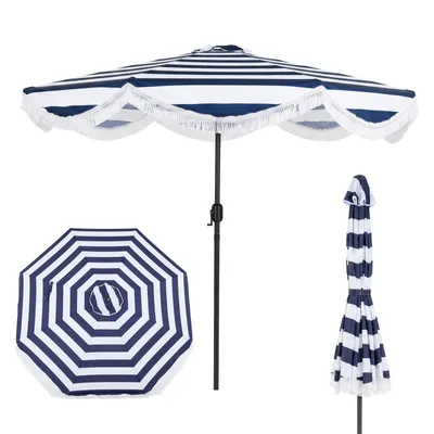Obrázok produktu pre Slnečník COSTWAY Boho, záhradný slnečník s priemerom 270 cm s kľukou a strapcami, balkónový slnečník s možnosťou naklonenia o 30° na obe strany, terasový slnečník s modro-bielymi pruhmi