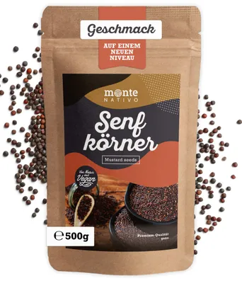 Produktbild von Senfkörner Monte Nativo (500g) - schwarze Senfkörner ohne Zusätze - aromatische Senfsaat zum kochen - Senf Samen (mustard seeds) für Dressings, Soßen,