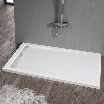 Produktbild von Mineralguss-Duschwanne extra flach ELITE Schieferoptik WEISS 90x160cm Edelstahl in chrom Ablaufschutz in Chrom
