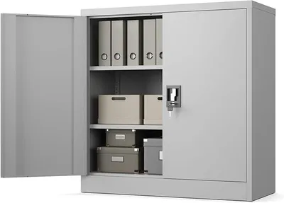 Productafbeelding van Metalen kast met 2 verstelbare legplanken. Afsluitbaar - Grijs | Archiefkast 90x90x40 cm met veiligheidsslot, belastbaar tot 50 kg, gepoedercoat, ideaal voor kantoor, werkplaats