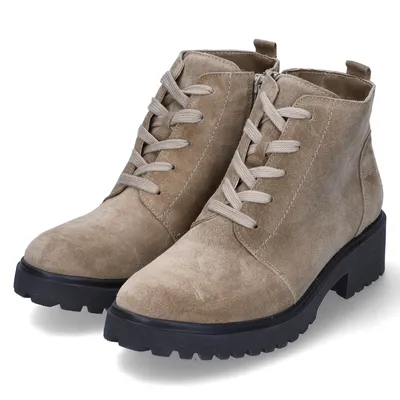 A pair of beige lace-up boots with black soles, shown from the front-side angle against a white background.