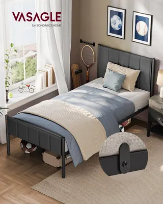Obrázek produktu pro Jednolůžko VASAGLE, rám postele, 90 x 200 cm, s čalouněným čelem, rám postele, ocel, nosnost do 250 kg, šedý