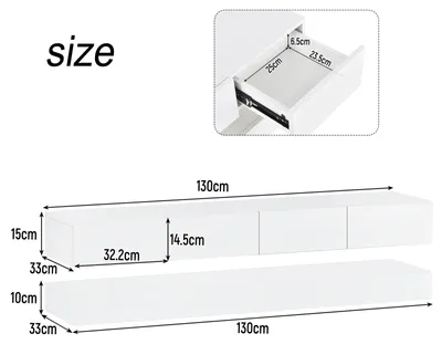 Zdjęcie produktu dla RTV stojak – montowany na ścianie – 130 x 33 x 10/15 cm – oświetlenie LED – 4 szuflady – do telewizorów do 139,7 cm – biały