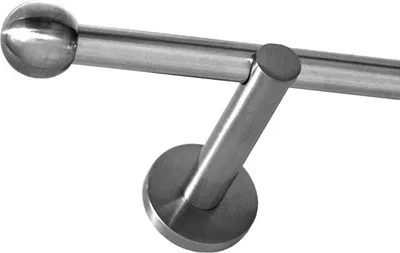 A close-up studio shot of a metal curtain rod bracket and a section of the rod with a decorative ball end.