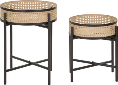 Produktbild von Set aus 2 Fuji-Couchtischen, Ø 40x50 und 35x40 cm, aus schwarzem Metall – abnehmbare Pflanzenhalter im Boho-Chic-Stil und Wiener Stroh