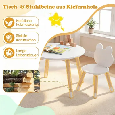 Productafbeelding van Kindertafel en set van 2 stoelen, met houten poten, wit
