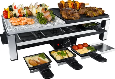 Produktbild von Multi-Raclette mit Hochwertige Natursteingrillplatte, Antihaftbeschichtete Grillplatte aus Alu-Druckguss, Stufenloser Temperaturregler, Tragegriffe
