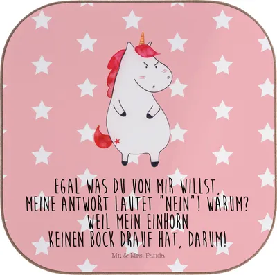 Produktbild von Mr. & Mrs. Panda Untersetzer für Gläser Einhorn Wut - Rot Pastell - Geschenk, Coaster, gläseruntersetzer, Holzuntersetzer, Einhörner, Büro, Spaß, Flaschenuntersetzer