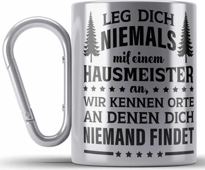 Produktbild von Trendation - Hausmeister Edelstahl Tasse Karabiner Lustige Sprüche Geschenke Lustig Spruch Haustechniker (Silber)