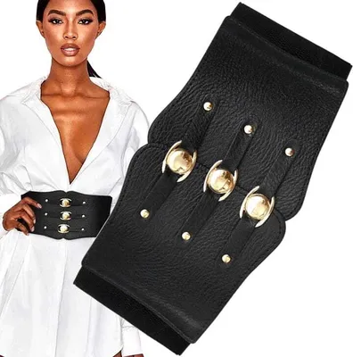 Immagine prodotto di Cintura a corsetto elastica larga da donna, nera, materiale sintetico con inserti in pelle, 70-90x11 cm
