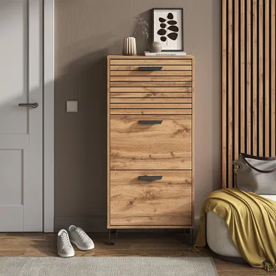 A shoe cabinet in a hallway next to a door and a decorative wall panel.
