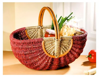 Produktbild von Einkaufskorb "Mix" aus Seegras und Rattan, rot/natur, Flechtkorb, Autokorb, Tragekorb, Rattankorb, Picknickkorb