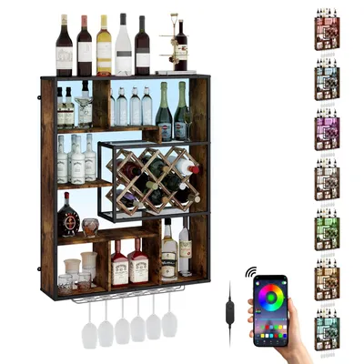 Image de Étagère murale Puluomis avec casier à bouteilles rabattable, porte-verres à vin, éclairage 7 couleurs, 97 x 77 cm. Marron