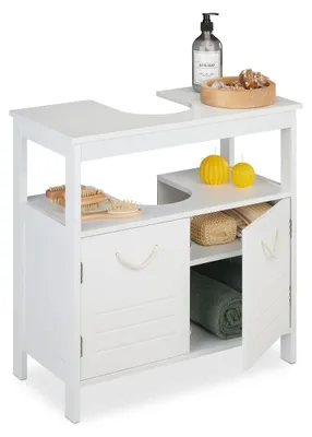 Image de Meuble sous lavabo - Meuble de salle de bain blanc - 2 compartiments - 60 x 60 x 30 cm - Découpe pour siphon
