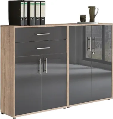 Produktbild von Aktenschrank TABOR 12 in Eiche Sonoma / anthrazit Hochglanz, Schrankwand, Büroschrank, abschließbar, Metallgriffe