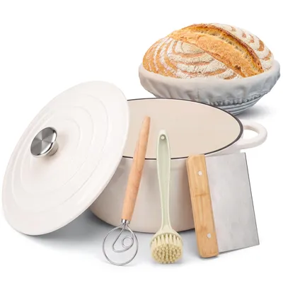 Produktbild von Brotbackfom Topf mit Deckel [inkl. Gärkorb Set] - Hochwertiger Emaille Topf 26cm - Idealer gusseiserner Brottopf zum Backen, Gusseisentopf Brotbacken
