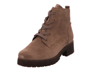A single beige lace-up boot is shown against a white background.