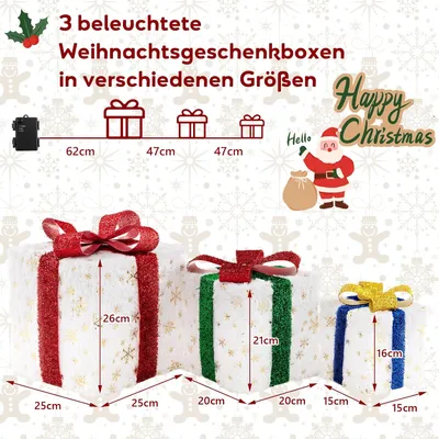 Three illuminated Christmas gift boxes of different sizes are displayed with measurement indicators and decorative elements.