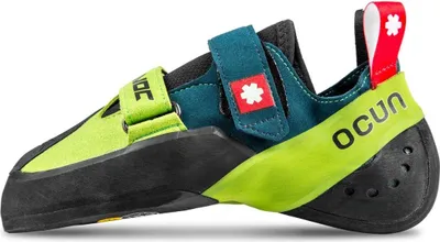 Havoc Kletterschuhe von Ocun in grün und schwarz mit Klettverschluss und seitlichem Logo.