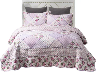 Produktbild von Gesteppte Tagesdecke Set 3-teilige reversible Patchwork-Bettdecken Weiche gebürstete Mikrofaser-Doppelkönigin-Steppdecke mit 2 Kissenbezügen, Rosa Streublumen, Queen-Size (230x250cm)