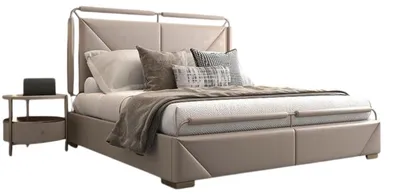 Image de Lit double moderne beige avec tête de lit design pour chambre à coucher