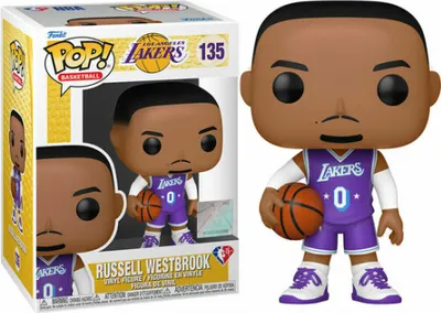 A Funko Pop! vinyl figure of Russell Westbrook in his Los Angeles Lakers uniform, shown both in its packaging and standing alone.