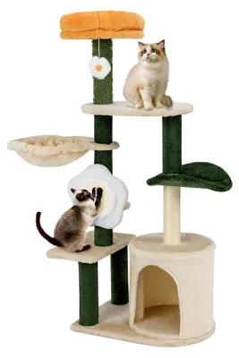 Produktbild von Katzenbaum, 114 cm hoch, mit Katzenhöhle, blumenförmiger Sitzfläche, Ball, Hängematte, Sisalbrett und Kratzsäulen, Holz, Katzenmöbel Kletterbaum, Grün+Beige