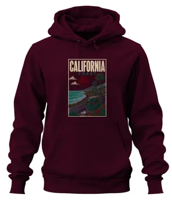 Immagine prodotto di Felpa con cappuccio "California Coast Surfing Roadtrip", stile vintage, per uomo, colore bordeaux, taglia 3XL