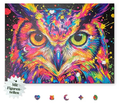 Produktbild von Holzpuzzle Eule Bunt 1000 Teile, inklusive 40 einzigartiger Spezialteile