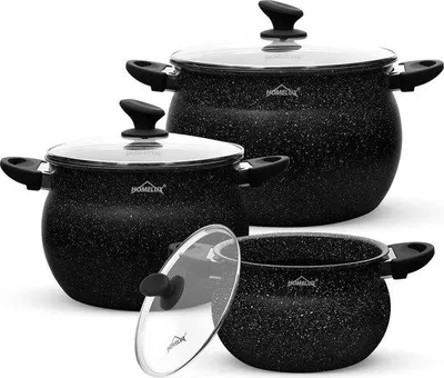 Obrázok produktu pre Sada hrncov Famanu s sklenenými pokrievkami, 20 cm, 4 l; 24 cm, 8 l; 28 cm, 12,5 l. Vhodné na indukčné varné dosky, s nepriľnavým povrchom, vhodné do umývačky riadu