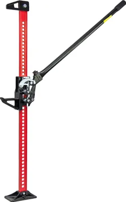 A red and black farm jack is shown against a white background.