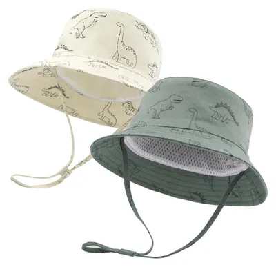 Immagine prodotto di Cappellino da sole per bambini con ampia tesa, protezione UV, in cotone, motivo dinosauro verde/beige, taglia 2-4 anni