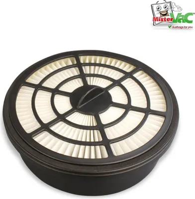 A round vacuum cleaner filter with a black grid on top and white pleated filter material underneath, set against a white background. A small logo is visible in the top right corner.