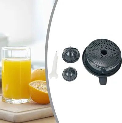 A glass of orange juice and oranges are shown on the left, while juicer parts are displayed on the right.