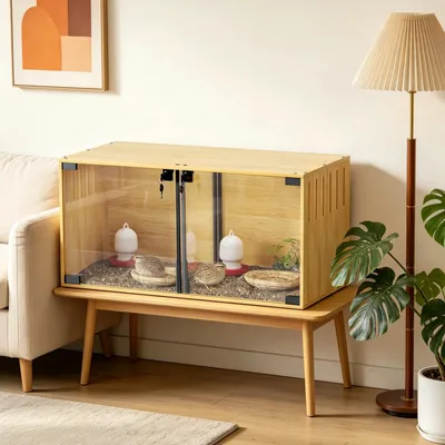 Image de Cage pour petits animaux en bois - Cage pour hamsters et cobayes - Plaques de verre trempé - Sécurisée contre les rongeurs - Clôture amovible - Bois naturel