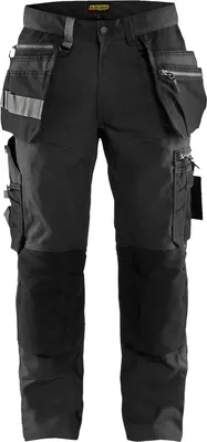 A pair of black work pants with multiple pockets and reinforced knees, displayed against a white background.