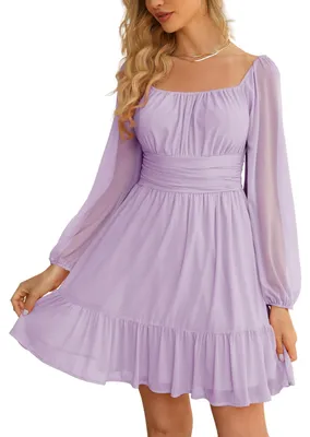 Produktbild von Wenrine Damenkleid aus Netzstoff, langärmelig, quadratischer Ausschnitt, hohe Ta