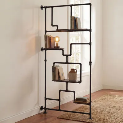 Immagine prodotto di Divisorio con scaffale HWC-P10, scaffale da soggiorno, metallo industriale melamina MVG 203x100x20cm ~ marrone scuro