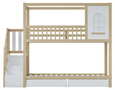 Productafbeelding van Kinderekkerbed - Kinderbed van massief hout - 90 x 200 cm - Veiligheidshekjes - Opbergladen - Veiligheidsladder - Natuurlijk hout