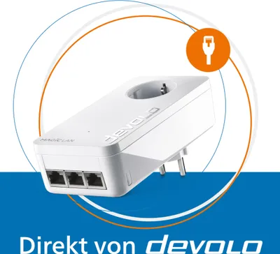 A white Devolo Powerline adapter with Ethernet ports and an integrated socket, presented against a white and blue background with circular graphic elements and text.
