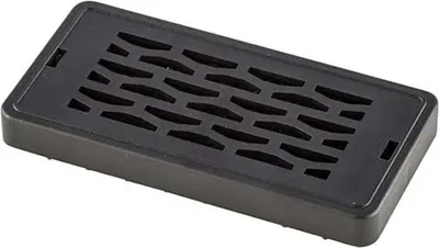 A black rectangular filter with a honeycomb-like pattern of openings.