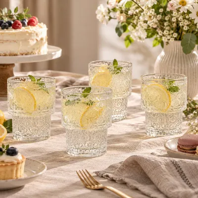 Produktbild von 360Home 4er-Set Glasbecher mit chinesischem Prägemuster, Wassergläser, Saftgläser und Americano Becher, Transparent, 225 ml