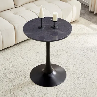 Produktbild von okwish Beistelltisch Rund, kleiner Esstisch,Holzmaserung Tischplatte - Einbein Gestell - Stabiler Trichterfuß Für Wohnzimmer,Schwarz