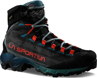 Dunkelgrauer La Sportiva Aequilibrium Hike Woman GTX Schuh mit roten und blauen Details und schwarzer Sohle