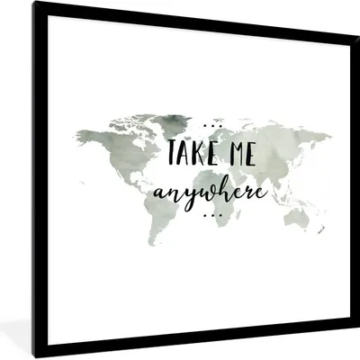Produktbild von MuchoWow® MuchoWow® Gerahmtes Poster Weltkarte - Grau - Zitat 40x40 cm - Poster mit zchwarzem Bilderrahmen - Mit Rahmen - Wanddekoration Schlafzimmer