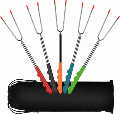 Produktbild von 5 Stück Grillspieße, ausziehbar, 32 cm – 115 cm, Edelstahl, Lagerfeuer-Grillspieße, Grillgabel, Grillspieße-Set mit Gummigriff und Tasche für Grillen,
